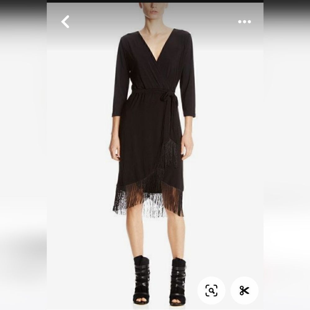 Spense Black Faux Wrap Dress with Fringe Long Sleeves SMALL